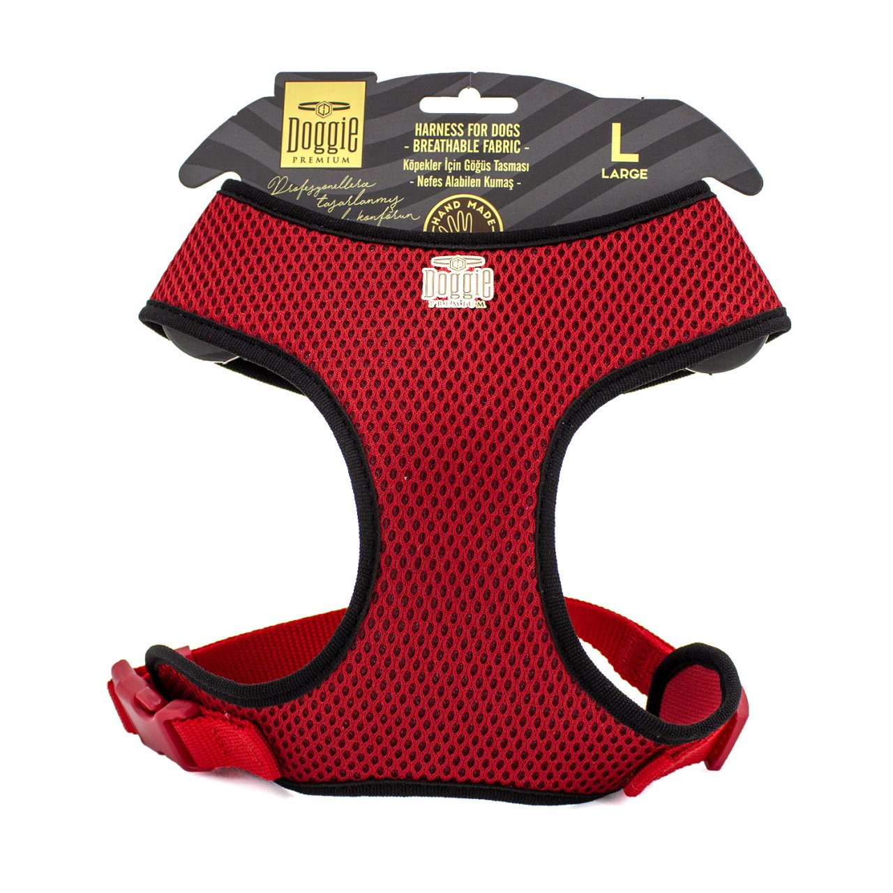 Doggie Havalı Dokumadan El Yapımı Küçük Irk Köpek Göğüs Tasması L-2x45-55cm - Red