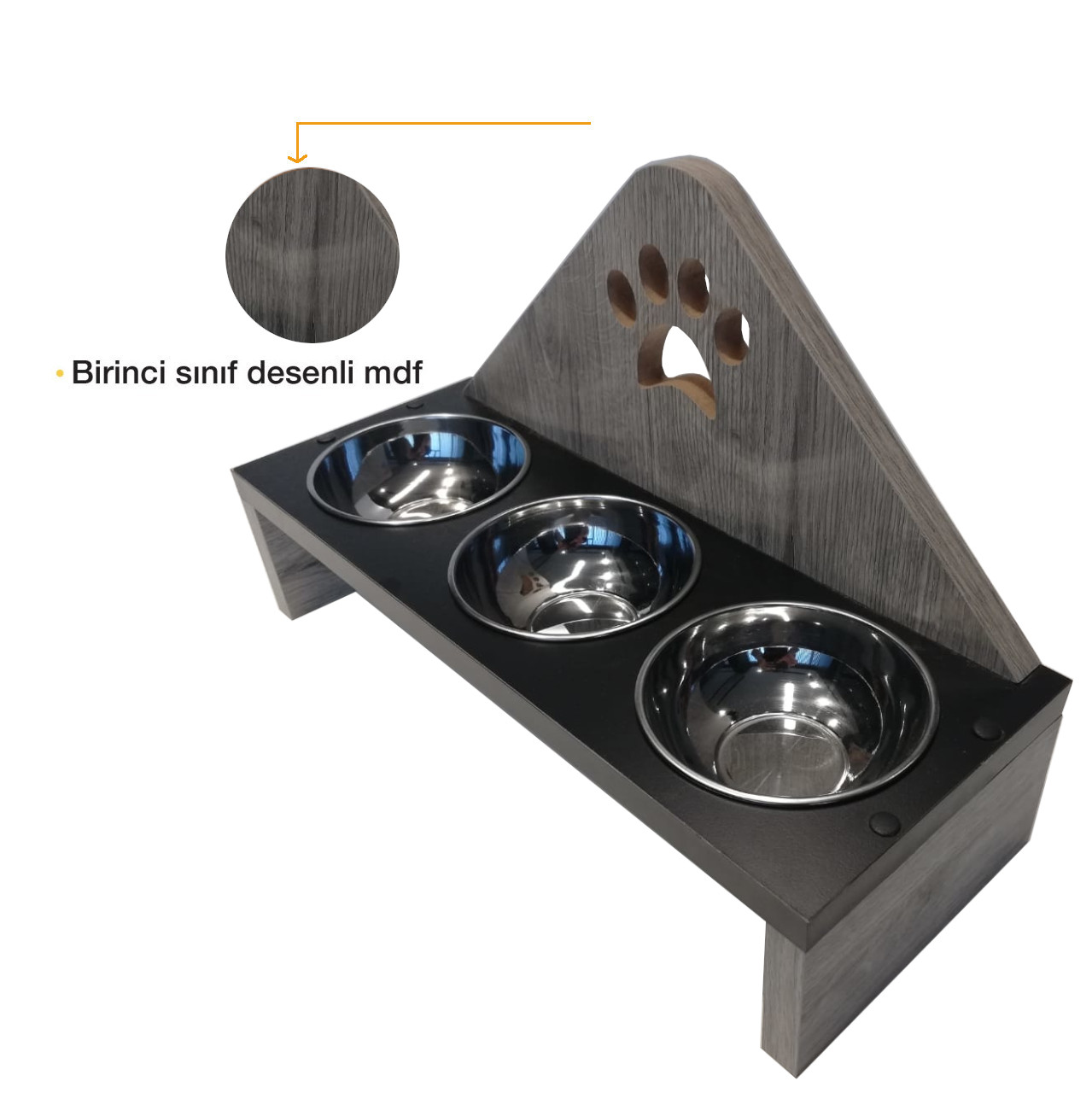 Petzanya Ahşap Kedi Mama ve Su Kabı - 3 lü- Gri Patili