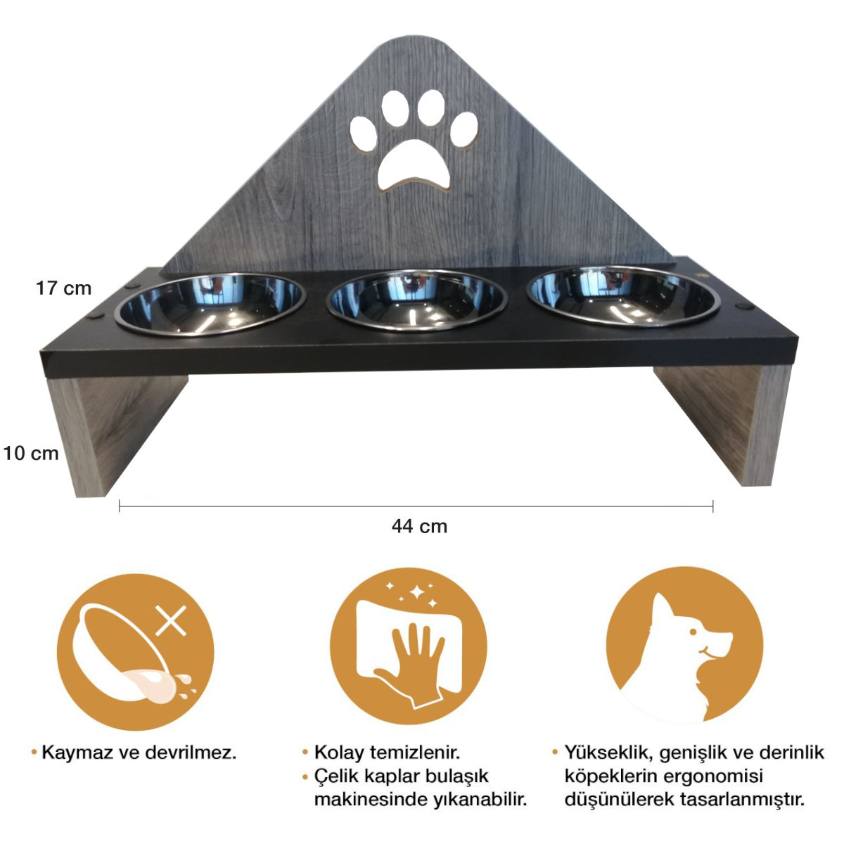 Petzanya Ahşap Kedi Mama ve Su Kabı - 3 lü- Gri Patili