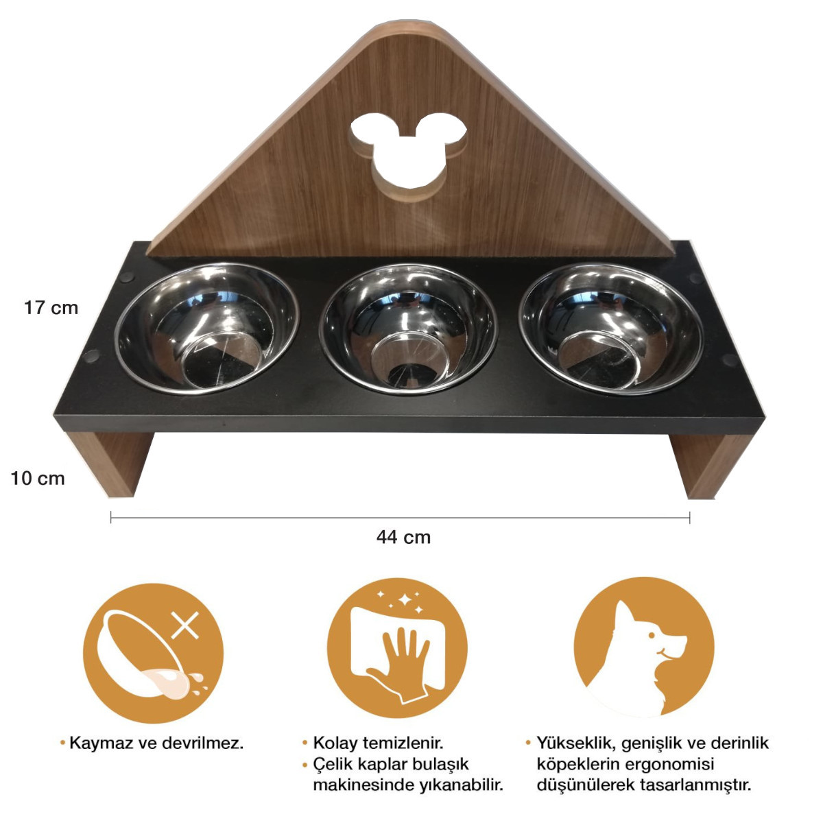 Petzanya Ahşap Kedi Mama ve Su Kabı - 3 lü- Mikili