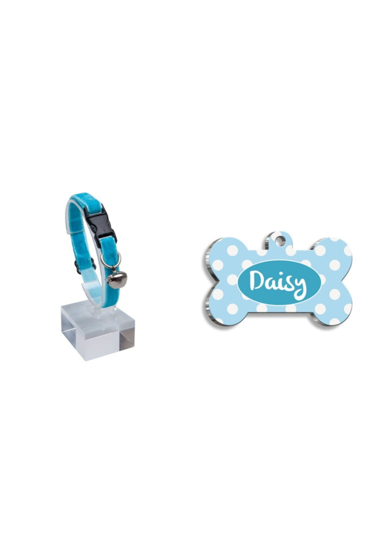 Thepassage Kadife Zilli Ayarlanabilir Kedi Boyun Tasması 22-30 Cm Mavi+büyük Mavi Beyaz Kedi Köpek Künyesi
